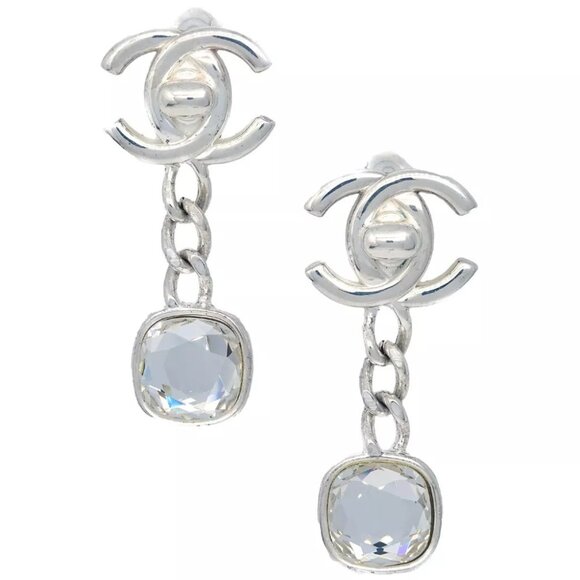 Chanel Dangle Turnlock Earrings Clip-On Silver Rhinestone 97A 162317 - Picture 1 of 4